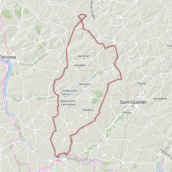 Miniature de la carte de l'inspiration cycliste "Parcours Gravel à Lanchy" dans la Picardie, France. Générée par le planificateur d'itinéraire cycliste Tarmacs.app