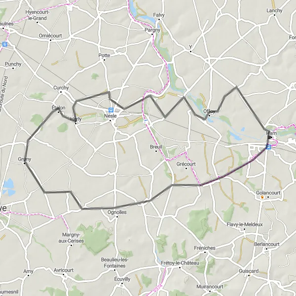 Map miniature of "The Ham to Ercheu Loop" cycling inspiration in Picardie, France. Generated by Tarmacs.app cycling route planner