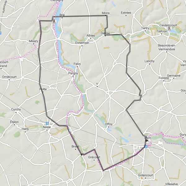 Map miniature of "Picardie's Scenic Road Journey" cycling inspiration in Picardie, France. Generated by Tarmacs.app cycling route planner