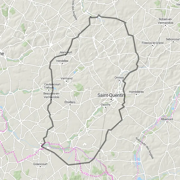 Miniature de la carte de l'inspiration cycliste "Tour à vélo autour de Ham" dans la Picardie, France. Générée par le planificateur d'itinéraire cycliste Tarmacs.app