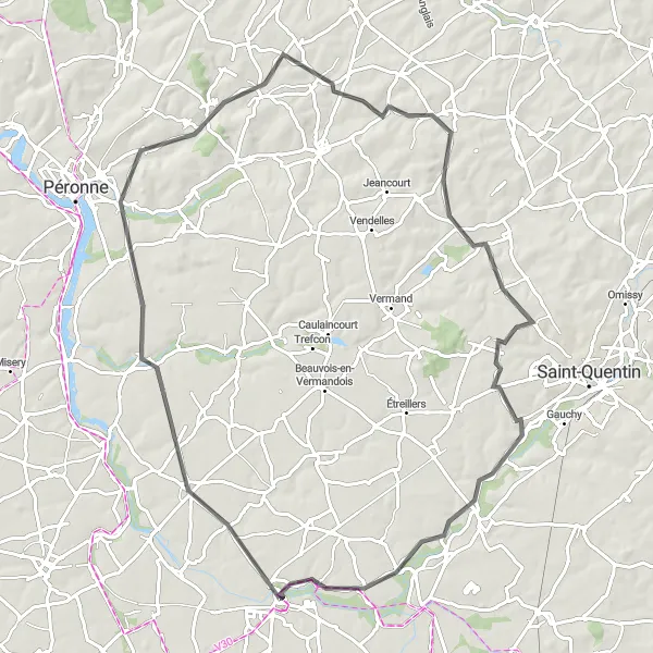 Map miniature of "The Ham Loop" cycling inspiration in Picardie, France. Generated by Tarmacs.app cycling route planner