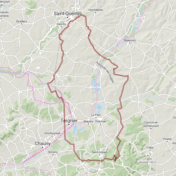 Miniature de la carte de l'inspiration cycliste "Aventure dans les Bois de l'Aisne" dans la Picardie, France. Générée par le planificateur d'itinéraire cycliste Tarmacs.app
