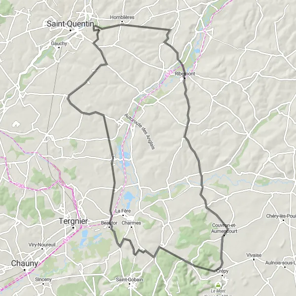 Map miniature of "The Road to Castles" cycling inspiration in Picardie, France. Generated by Tarmacs.app cycling route planner