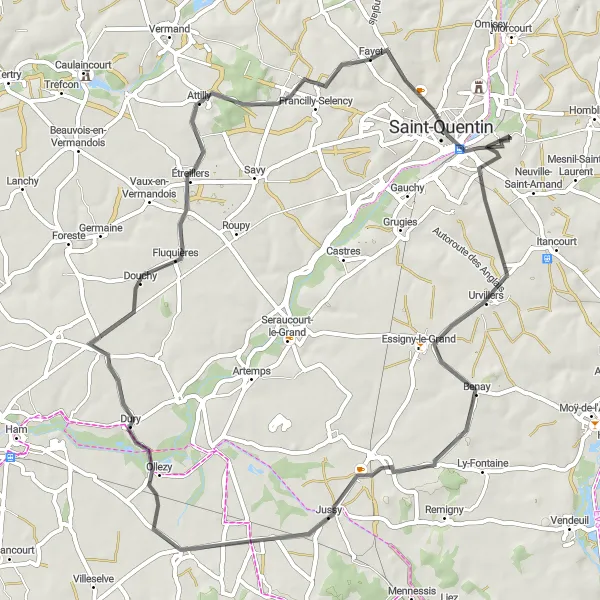 Miniature de la carte de l'inspiration cycliste "Tour des Abbayes de l'Aisne" dans la Picardie, France. Générée par le planificateur d'itinéraire cycliste Tarmacs.app