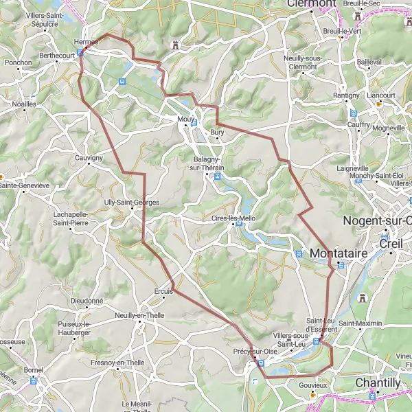 Miniature de la carte de l'inspiration cycliste "Explore the Oise Valley countryside on a gravel route" dans la Picardie, France. Générée par le planificateur d'itinéraire cycliste Tarmacs.app