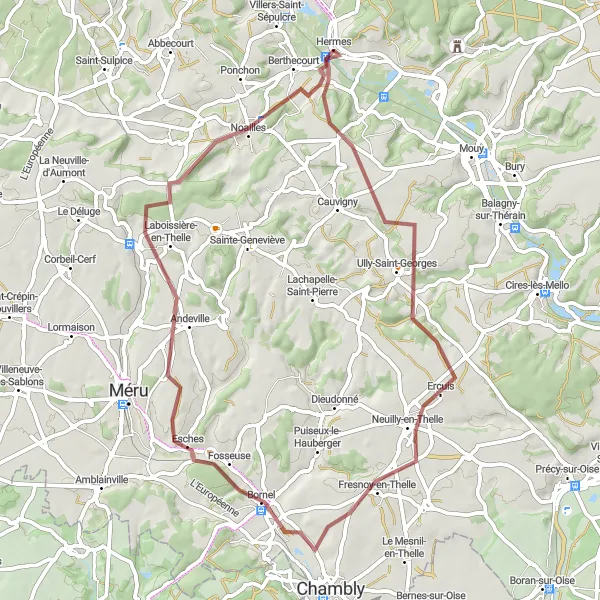 Miniature de la carte de l'inspiration cycliste "Le tour d'Esches" dans la Picardie, France. Générée par le planificateur d'itinéraire cycliste Tarmacs.app