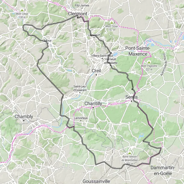 Miniature de la carte de l'inspiration cycliste "Ride through the scenic Oise Valley on a road tour" dans la Picardie, France. Générée par le planificateur d'itinéraire cycliste Tarmacs.app
