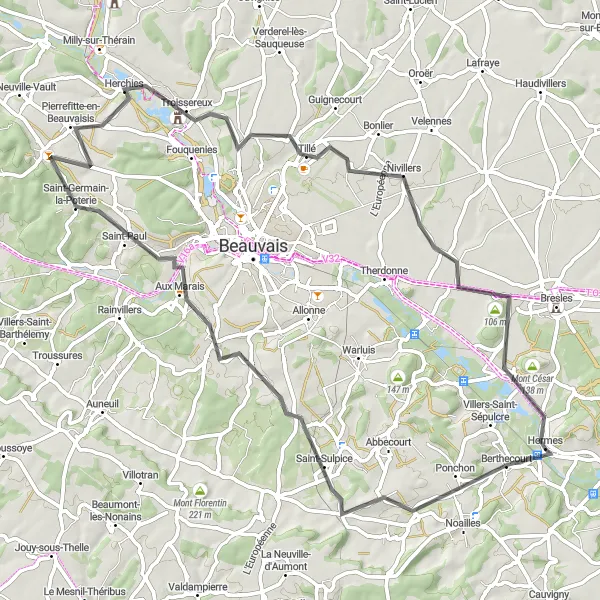 Miniature de la carte de l'inspiration cycliste "Le tour de Tillé" dans la Picardie, France. Générée par le planificateur d'itinéraire cycliste Tarmacs.app