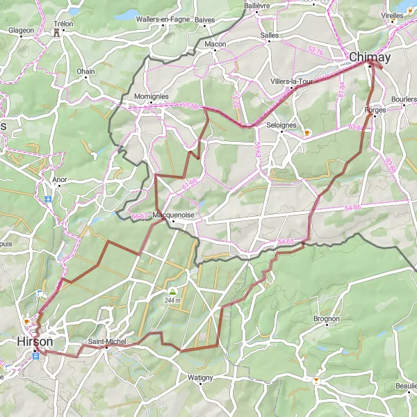 Miniature de la carte de l'inspiration cycliste "Les chemins secrets de la Thiérache" dans la Picardie, France. Générée par le planificateur d'itinéraire cycliste Tarmacs.app