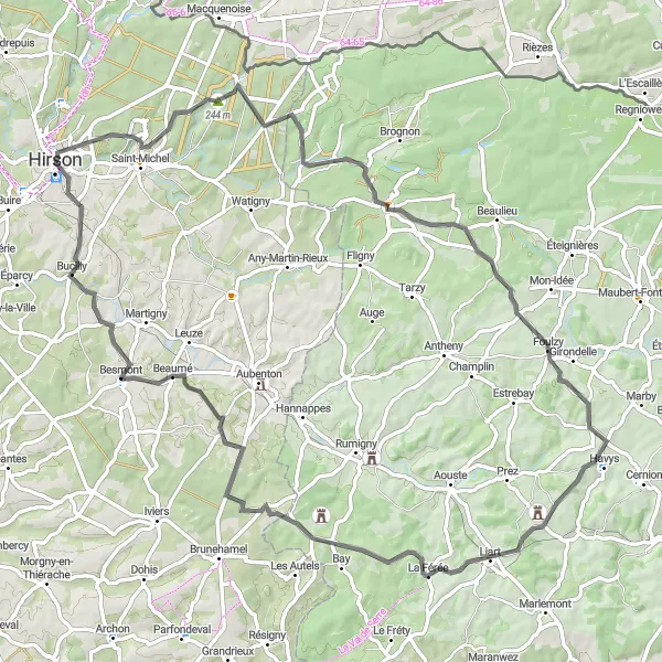 Miniature de la carte de l'inspiration cycliste "Les trésors de l'Est de l'Aisne" dans la Picardie, France. Générée par le planificateur d'itinéraire cycliste Tarmacs.app