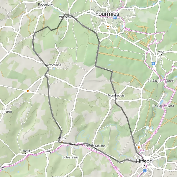 Miniature de la carte de l'inspiration cycliste "Escapade à travers l'Aisne" dans la Picardie, France. Générée par le planificateur d'itinéraire cycliste Tarmacs.app