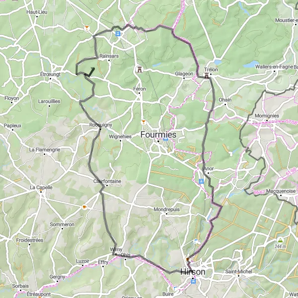 Miniature de la carte de l'inspiration cycliste "Sur les routes de l'Avesnois" dans la Picardie, France. Générée par le planificateur d'itinéraire cycliste Tarmacs.app