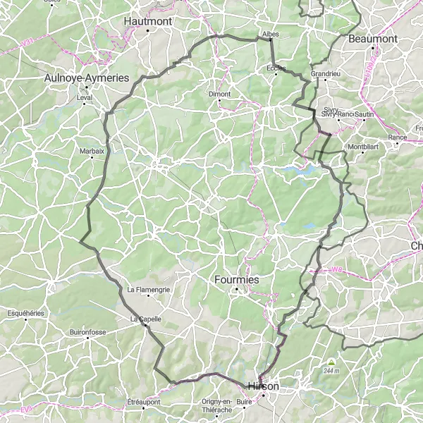 Miniature de la carte de l'inspiration cycliste "Les collines majestueuses de l'Avesnois" dans la Picardie, France. Générée par le planificateur d'itinéraire cycliste Tarmacs.app