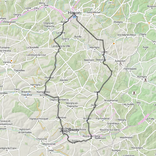 Miniature de la carte de l'inspiration cycliste "Au coeur de la Thiérache" dans la Picardie, France. Générée par le planificateur d'itinéraire cycliste Tarmacs.app