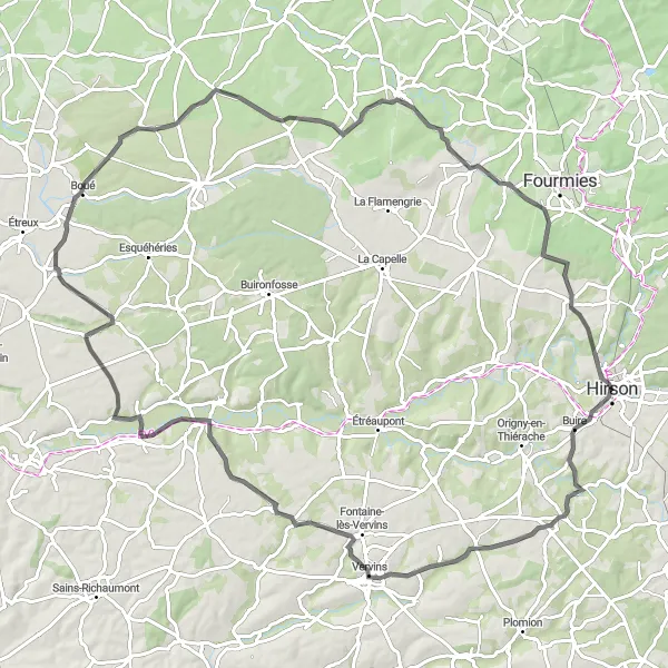 Miniature de la carte de l'inspiration cycliste "La campagne bucolique de l'Aisne" dans la Picardie, France. Générée par le planificateur d'itinéraire cycliste Tarmacs.app
