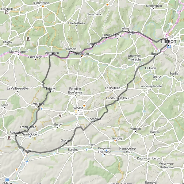 Miniature de la carte de l'inspiration cycliste "Buire et ses environs" dans la Picardie, France. Générée par le planificateur d'itinéraire cycliste Tarmacs.app