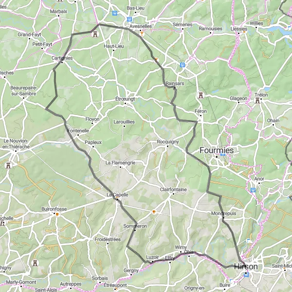 Miniature de la carte de l'inspiration cycliste "Les collines verdoyantes de Picardie" dans la Picardie, France. Générée par le planificateur d'itinéraire cycliste Tarmacs.app