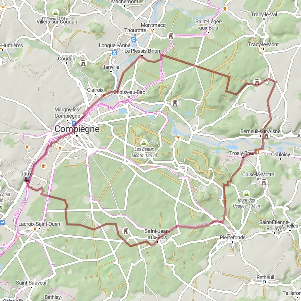 Miniature de la carte de l'inspiration cycliste "Les Forêts Mystiques de l'Oise en Gravier" dans la Picardie, France. Générée par le planificateur d'itinéraire cycliste Tarmacs.app