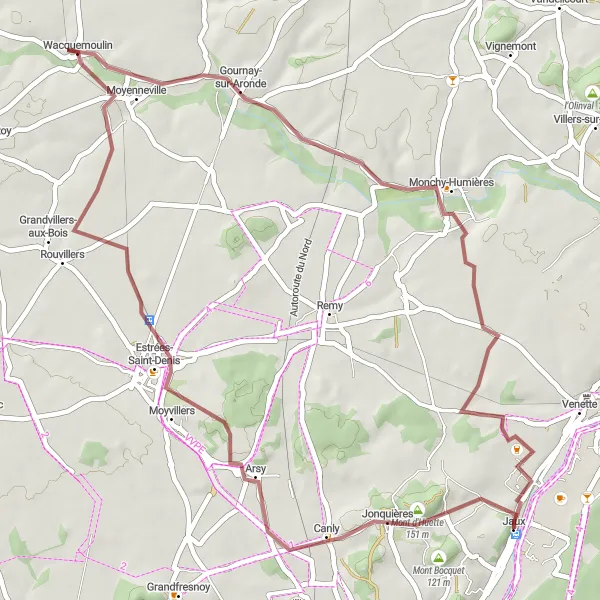 Miniature de la carte de l'inspiration cycliste "Les Collines de l'Oise en Gravier" dans la Picardie, France. Générée par le planificateur d'itinéraire cycliste Tarmacs.app