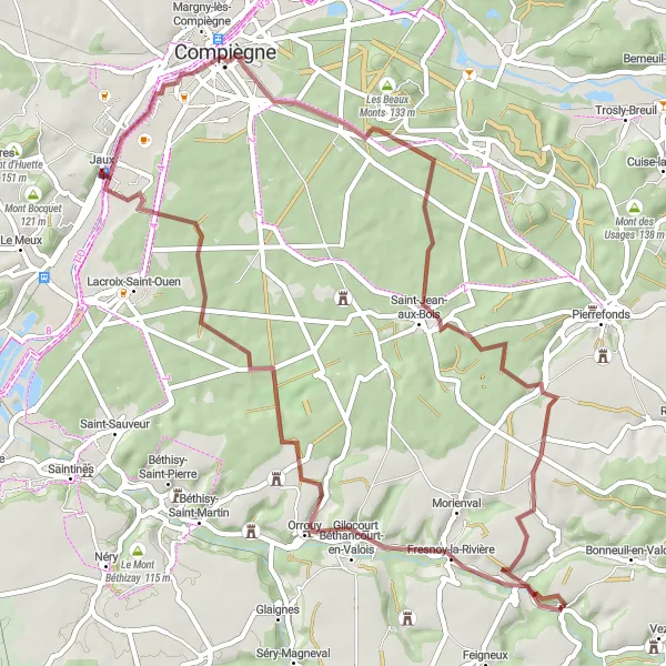 Miniature de la carte de l'inspiration cycliste "Les sentiers de gravier autour de Jaux" dans la Picardie, France. Générée par le planificateur d'itinéraire cycliste Tarmacs.app
