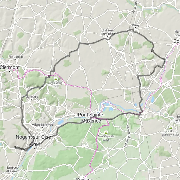 Miniature de la carte de l'inspiration cycliste "Aventure sur les routes sinueuses" dans la Picardie, France. Générée par le planificateur d'itinéraire cycliste Tarmacs.app