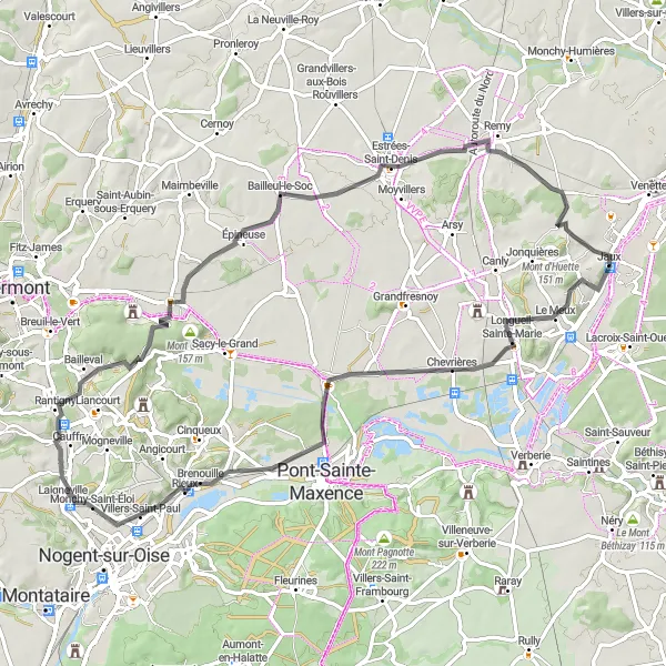 Miniature de la carte de l'inspiration cycliste "Boucle de Jaux à Bailleul-le-Soc" dans la Picardie, France. Générée par le planificateur d'itinéraire cycliste Tarmacs.app