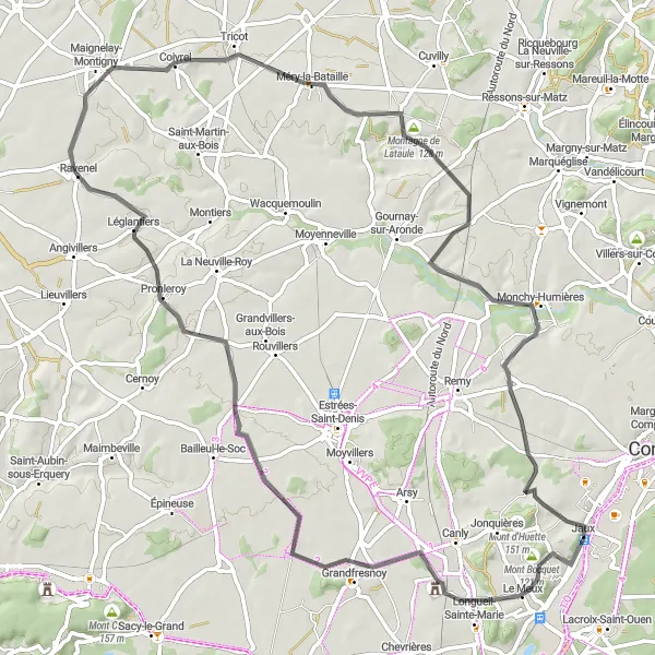 Miniature de la carte de l'inspiration cycliste "La Boucle des Châteaux de l'Oise" dans la Picardie, France. Générée par le planificateur d'itinéraire cycliste Tarmacs.app