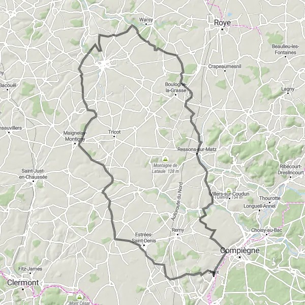 Map miniature of "The Trails of Jaux" cycling inspiration in Picardie, France. Generated by Tarmacs.app cycling route planner