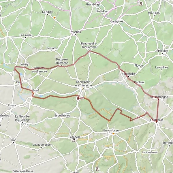 Miniature de la carte de l'inspiration cycliste "Tour en gravel de la Thiérache" dans la Picardie, France. Générée par le planificateur d'itinéraire cycliste Tarmacs.app