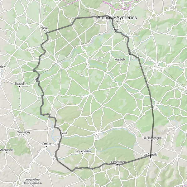 Miniature de la carte de l'inspiration cycliste "Boucle des villages du Thiérache" dans la Picardie, France. Générée par le planificateur d'itinéraire cycliste Tarmacs.app