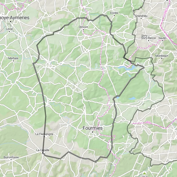 Miniature de la carte de l'inspiration cycliste "Itinéraire rural au coeur de l'Avesnois" dans la Picardie, France. Générée par le planificateur d'itinéraire cycliste Tarmacs.app