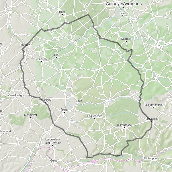 Miniature de la carte de l'inspiration cycliste "Boucle pittoresque de la Thierache" dans la Picardie, France. Générée par le planificateur d'itinéraire cycliste Tarmacs.app