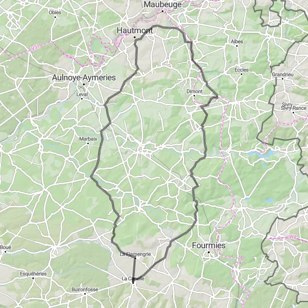 Map miniature of "La Capelle to La Flamengrie and back" cycling inspiration in Picardie, France. Generated by Tarmacs.app cycling route planner