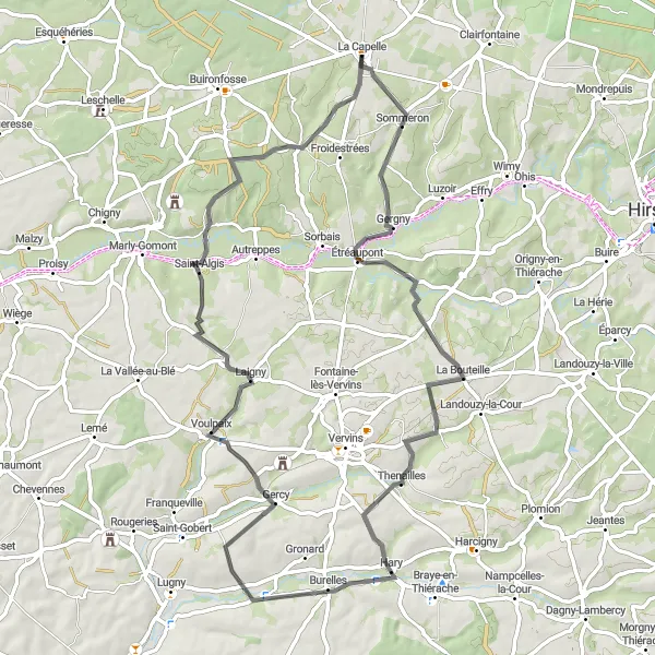 Miniature de la carte de l'inspiration cycliste "Tour de la vallée de la Serre" dans la Picardie, France. Générée par le planificateur d'itinéraire cycliste Tarmacs.app