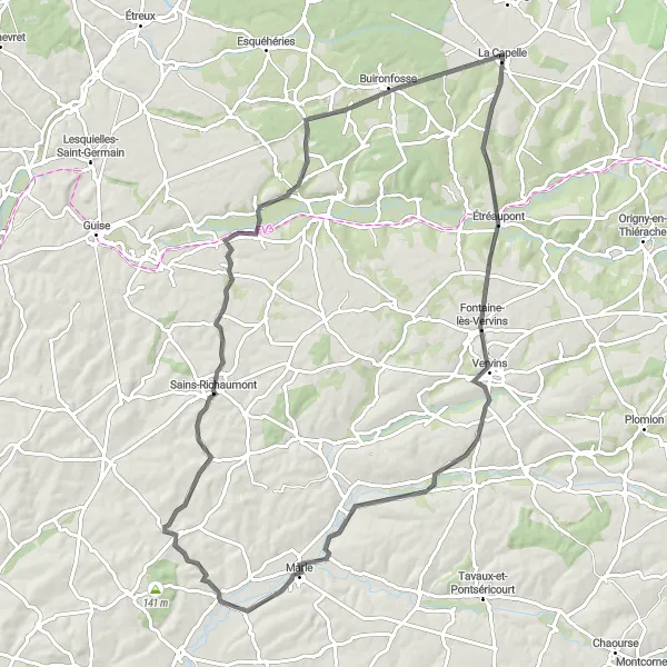 Miniature de la carte de l'inspiration cycliste "Parcours à travers la Thiérache profonde" dans la Picardie, France. Générée par le planificateur d'itinéraire cycliste Tarmacs.app