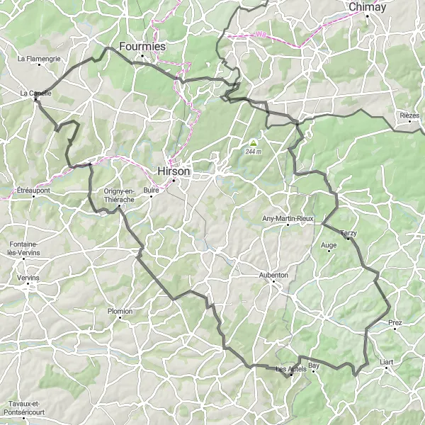 Miniature de la carte de l'inspiration cycliste "Parcours des Ardennes" dans la Picardie, France. Générée par le planificateur d'itinéraire cycliste Tarmacs.app