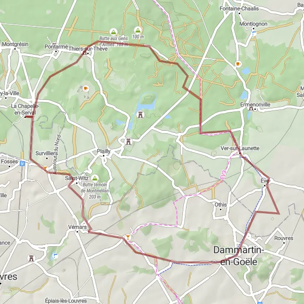 Miniature de la carte de l'inspiration cycliste "Escapade à Dammartin-en-Goële" dans la Picardie, France. Générée par le planificateur d'itinéraire cycliste Tarmacs.app