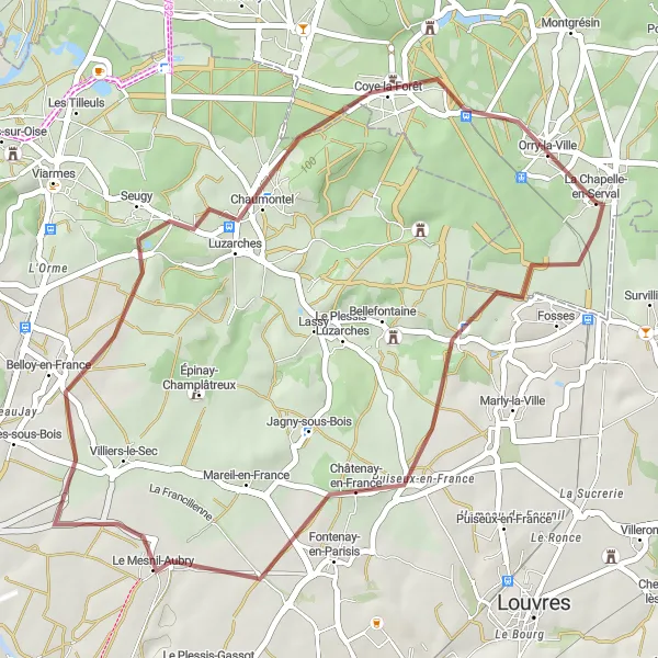 Miniature de la carte de l'inspiration cycliste "Aventure à Châtenay-en-France" dans la Picardie, France. Générée par le planificateur d'itinéraire cycliste Tarmacs.app
