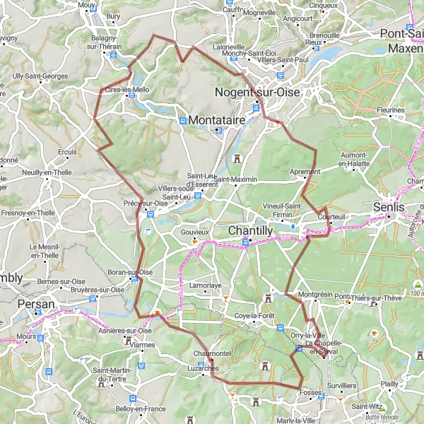 Miniature de la carte de l'inspiration cycliste "Parcours gravel à travers Laigneville et Blaincourt-lès-Précy" dans la Picardie, France. Générée par le planificateur d'itinéraire cycliste Tarmacs.app
