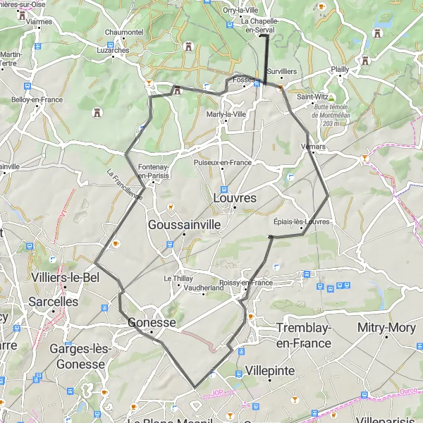 Miniature de la carte de l'inspiration cycliste "Parcours à travers Gonesse et Pyramide" dans la Picardie, France. Générée par le planificateur d'itinéraire cycliste Tarmacs.app