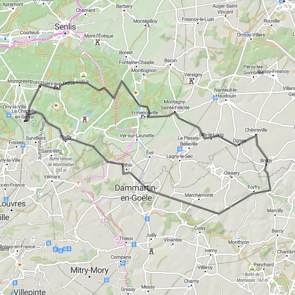 Miniature de la carte de l'inspiration cycliste "Tour autour d'Ermenonville et Brégy" dans la Picardie, France. Générée par le planificateur d'itinéraire cycliste Tarmacs.app
