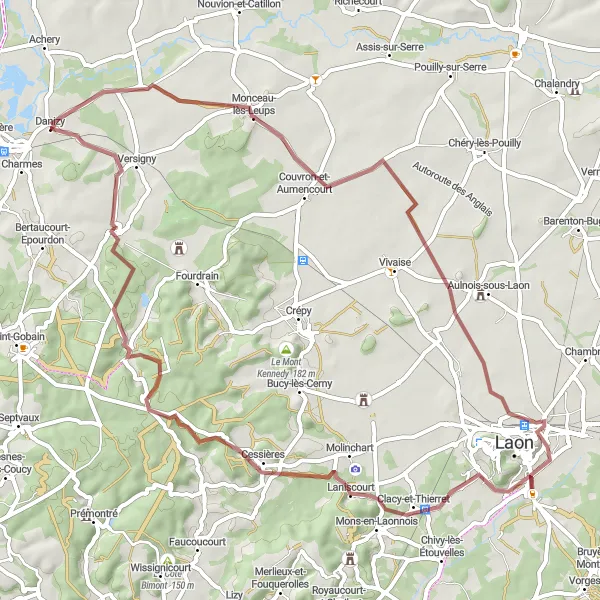 Miniature de la carte de l'inspiration cycliste "Escapade de Monceau-lès-Leups à Rogécourt" dans la Picardie, France. Générée par le planificateur d'itinéraire cycliste Tarmacs.app