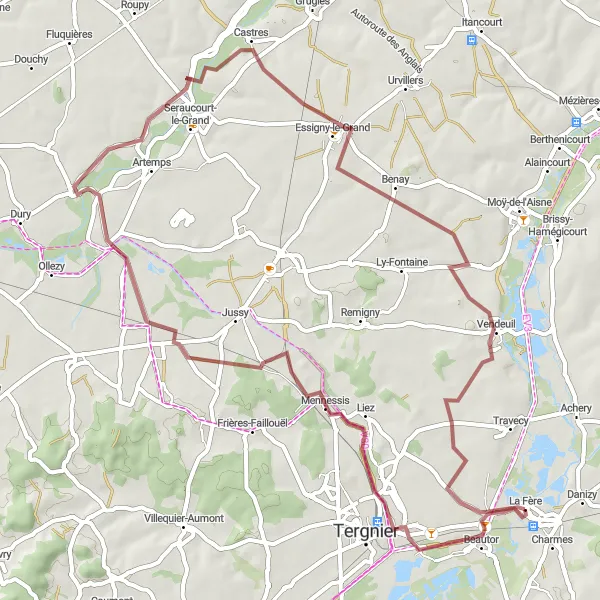 Map miniature of "Gravel Route around La Fère" cycling inspiration in Picardie, France. Generated by Tarmacs.app cycling route planner