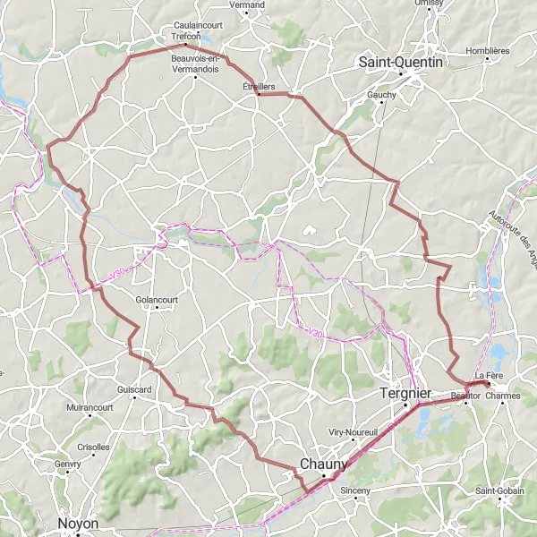 Miniature de la carte de l'inspiration cycliste "Parcours de Beautor à Étreillers" dans la Picardie, France. Générée par le planificateur d'itinéraire cycliste Tarmacs.app