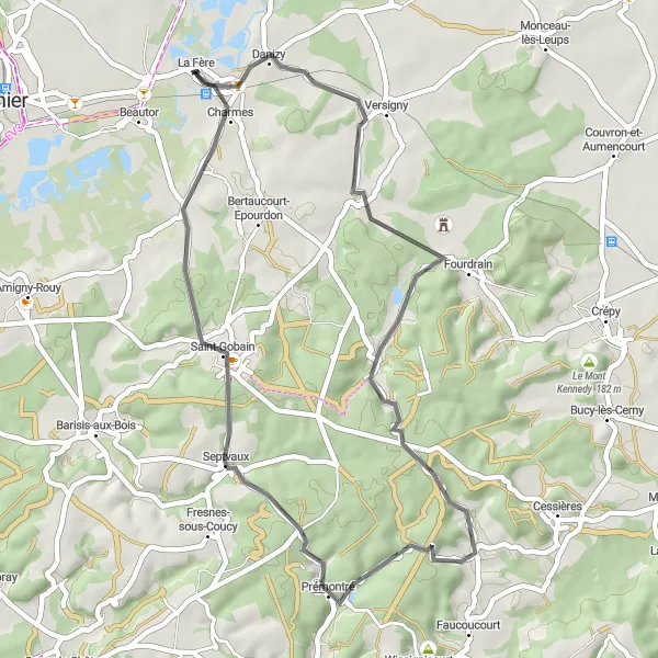 Map miniature of "Road Route from La Fère" cycling inspiration in Picardie, France. Generated by Tarmacs.app cycling route planner