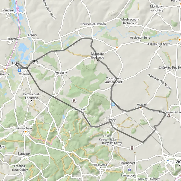 Map miniature of "Scenic Road Route near La Fère" cycling inspiration in Picardie, France. Generated by Tarmacs.app cycling route planner