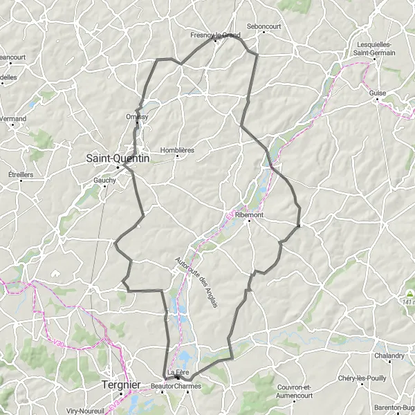 Miniature de la carte de l'inspiration cycliste "Parcours des villages pittoresques" dans la Picardie, France. Générée par le planificateur d'itinéraire cycliste Tarmacs.app