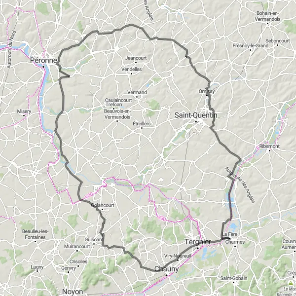 Map miniature of "La Fère - Neuflieux - Le Plessis-Patte-d'Oie - Voyennes - Doingt - Villers-Faucon - Lehaucourt - Berthenicourt - Travecy" cycling inspiration in Picardie, France. Generated by Tarmacs.app cycling route planner