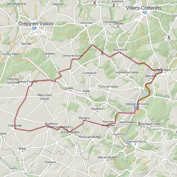 Miniature de la carte de l'inspiration cycliste "Parcours à travers Rouvres-en-Multien et Bargny" dans la Picardie, France. Générée par le planificateur d'itinéraire cycliste Tarmacs.app