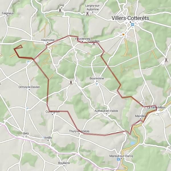 Miniature de la carte de l'inspiration cycliste "Parcours du Coyolles et de Cuvergnon" dans la Picardie, France. Générée par le planificateur d'itinéraire cycliste Tarmacs.app